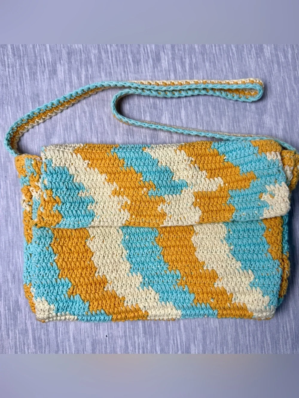 Wild Fable Sky Blue Gold Cream Boho Crochet Clutch Wristlet Crossbody Bag